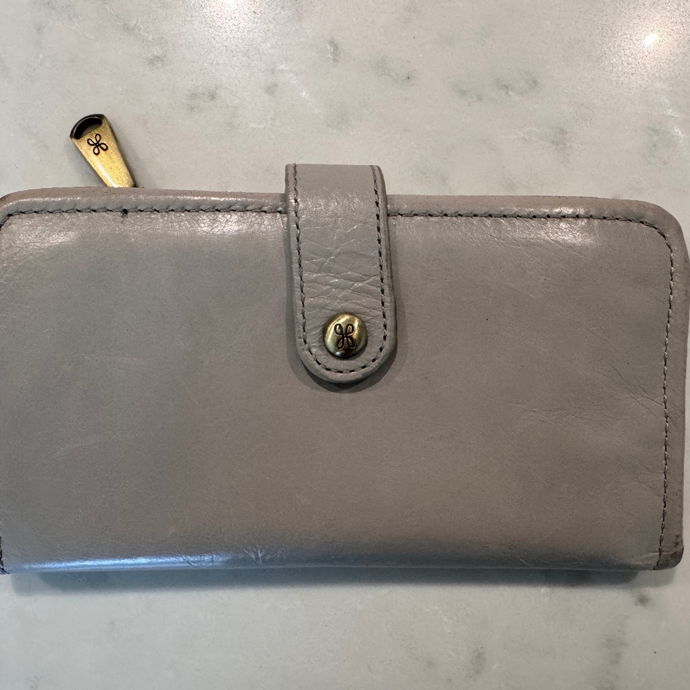 HOBO Gray Leather Bi Fold Snap Wallet